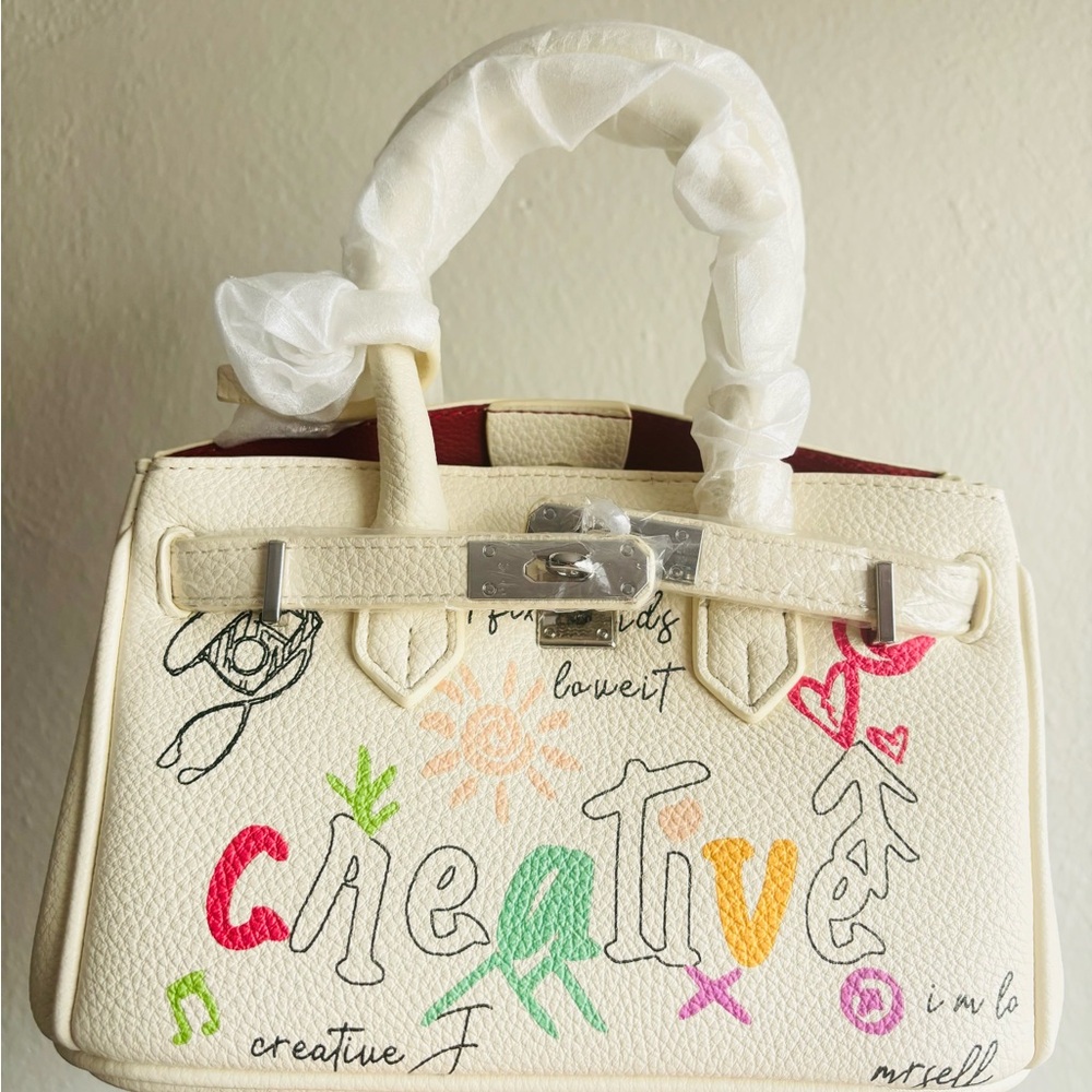 Chic Graffiti-Print Mini Handbag W/ liner bag and belt, lock charms